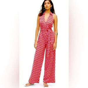 NWT DIANE VON FURSTENBERG Target Collared Sleeveless Pink Modern Geo Jumpsuit SM